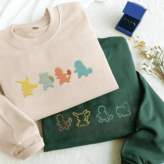 Personalized PKM Pikachu Charmander Squirtle Bulbasaur Embroidered T-Shirt, Hoodie, Sweatshirt