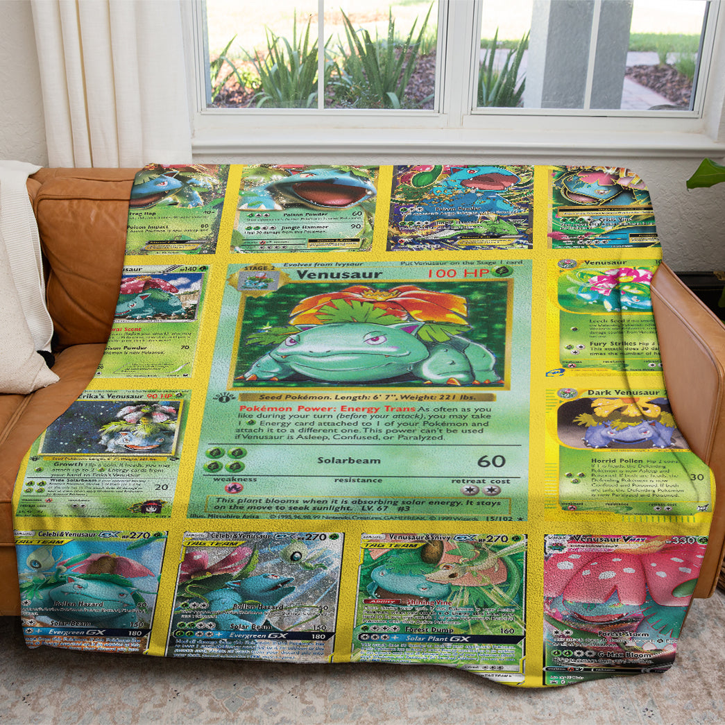 Anime PKM Venusaur Cards Version 2 Custom 2-Side Printed Thicken Soft Blanket