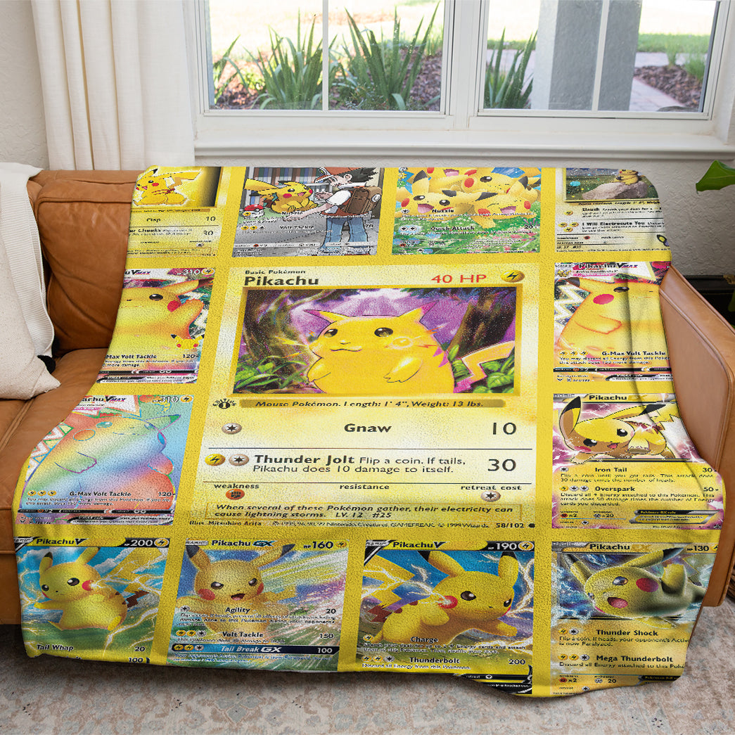 Anime PKM Pikachu Cards Version 2 Custom 2-Side Printed Thicken Soft Blanket