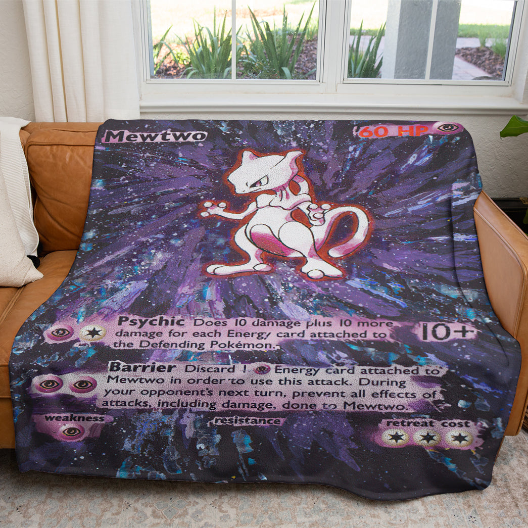 Anime PKM Painted Mewtwo Custom 2-Side Printed Thicken Soft Blanket