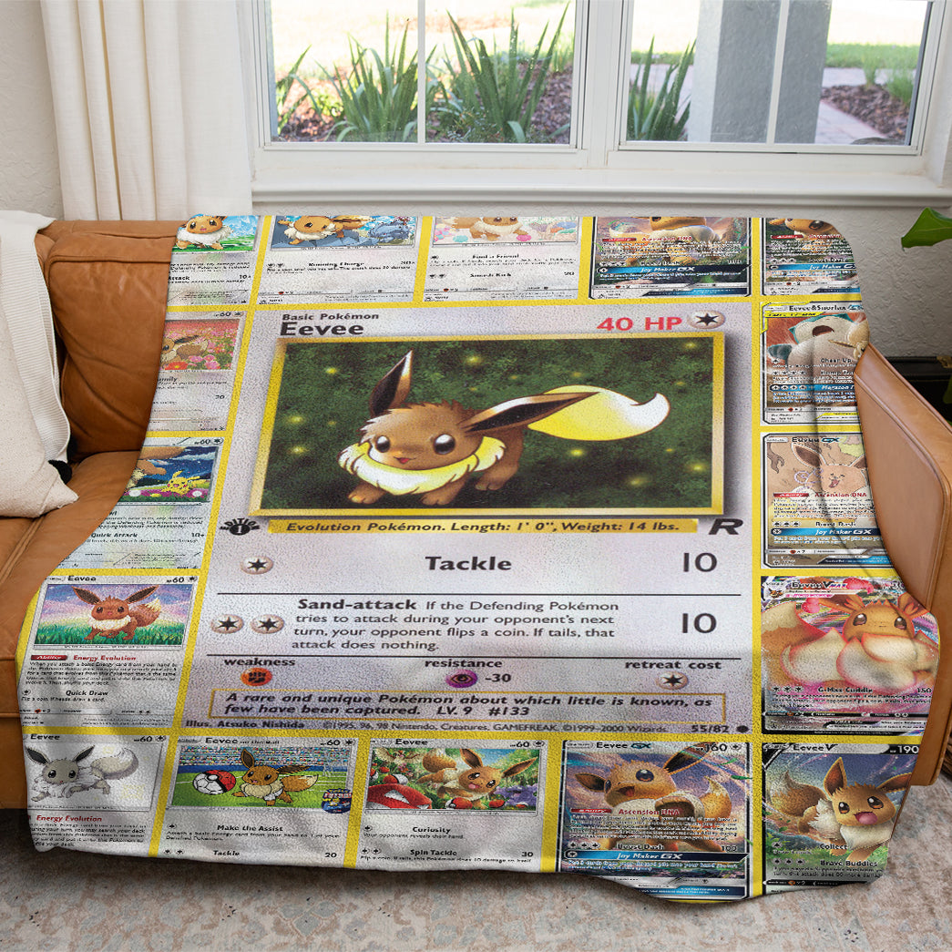 Anime PKM Eevee Cards Custom 2-Side Printed Thicken Soft Blanket