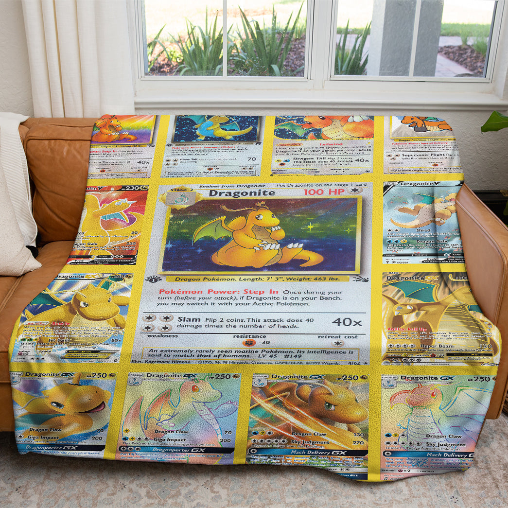 Anime PKM Dragonite Cards Version 2 Custom 2-Side Printed Thicken Soft Blanket