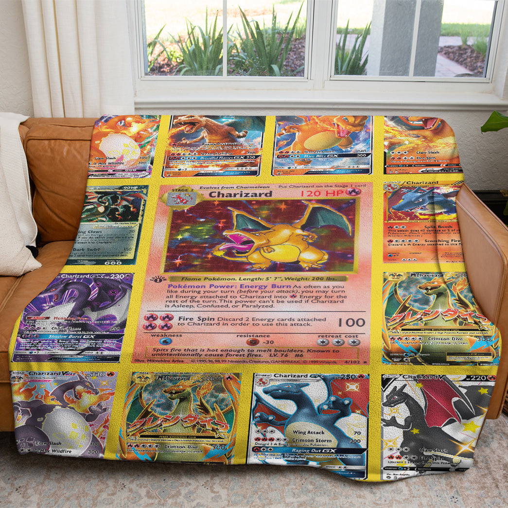 Anime PKM Charizard Cards Version 2 Custom 2-Side Printed Thicken Soft Blanket