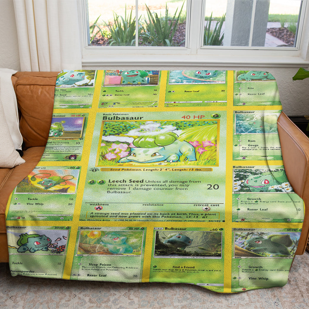 Anime PKM Bulbasaur Cards Version 2 Custom 2-Side Printed Thicken Soft Blanket