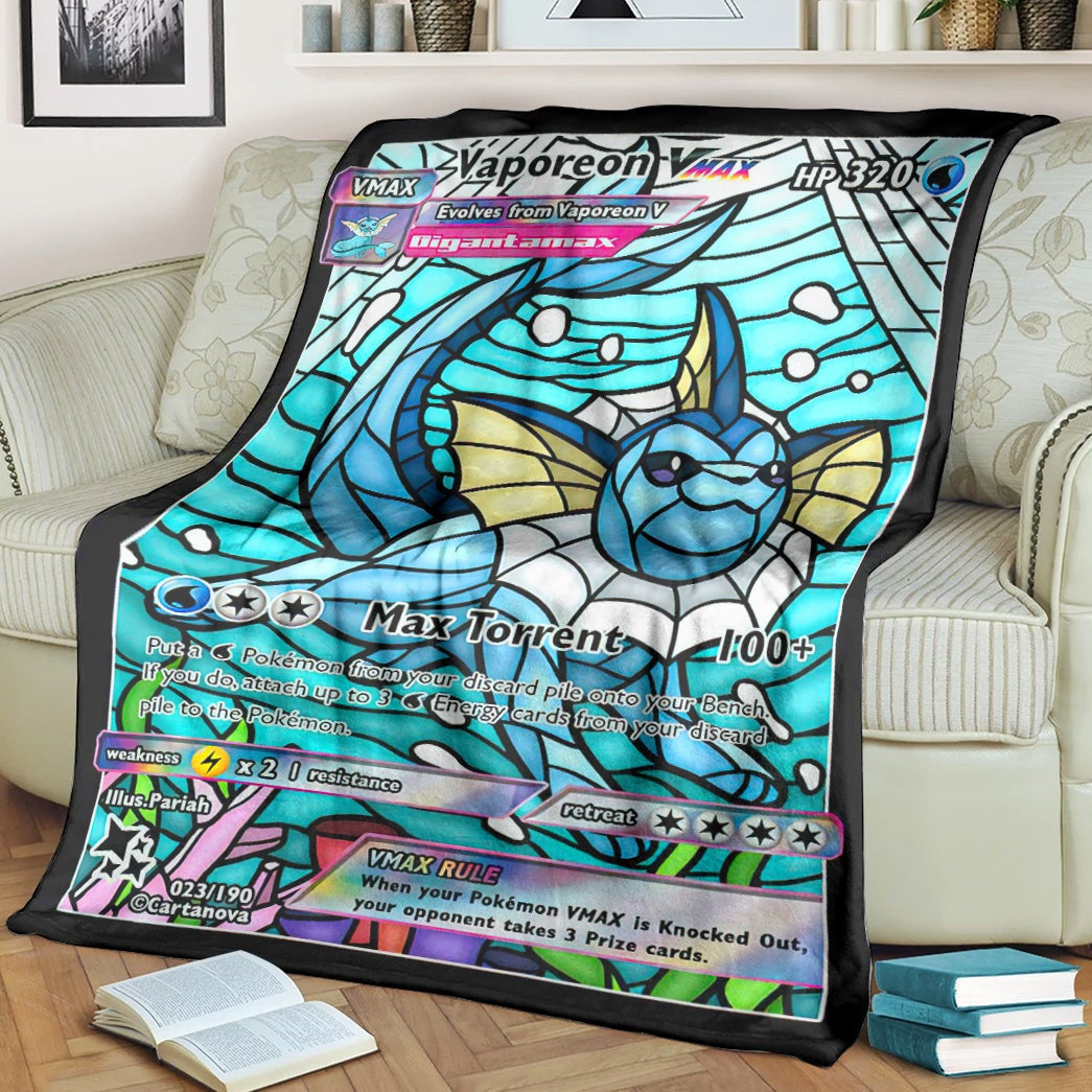 Anime Pkm Card Vaporeon Hybrid Vmax Stain Glass Custom Soft Blanket / S/(43X55)