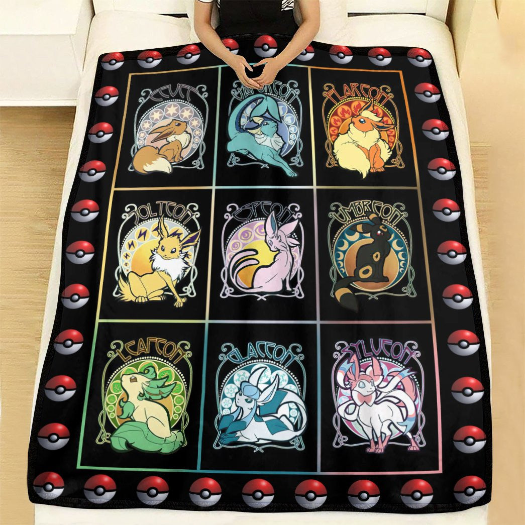 Anime Pkm Eevee Evolution Poke Ball Custom Soft Blanket