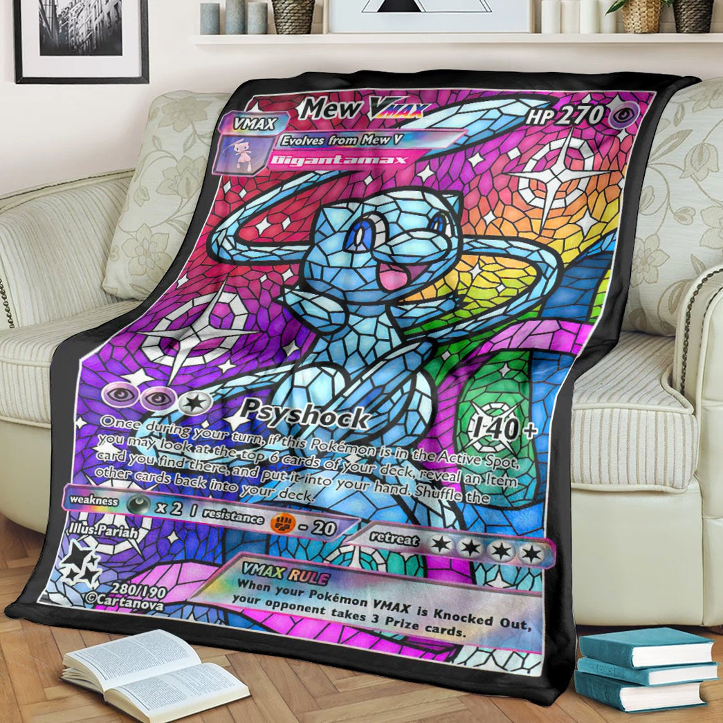 Anime Pkm Card Mew Blue Hybrid Vmax Stain Glass Custom Soft Blanket / S/(43X55)