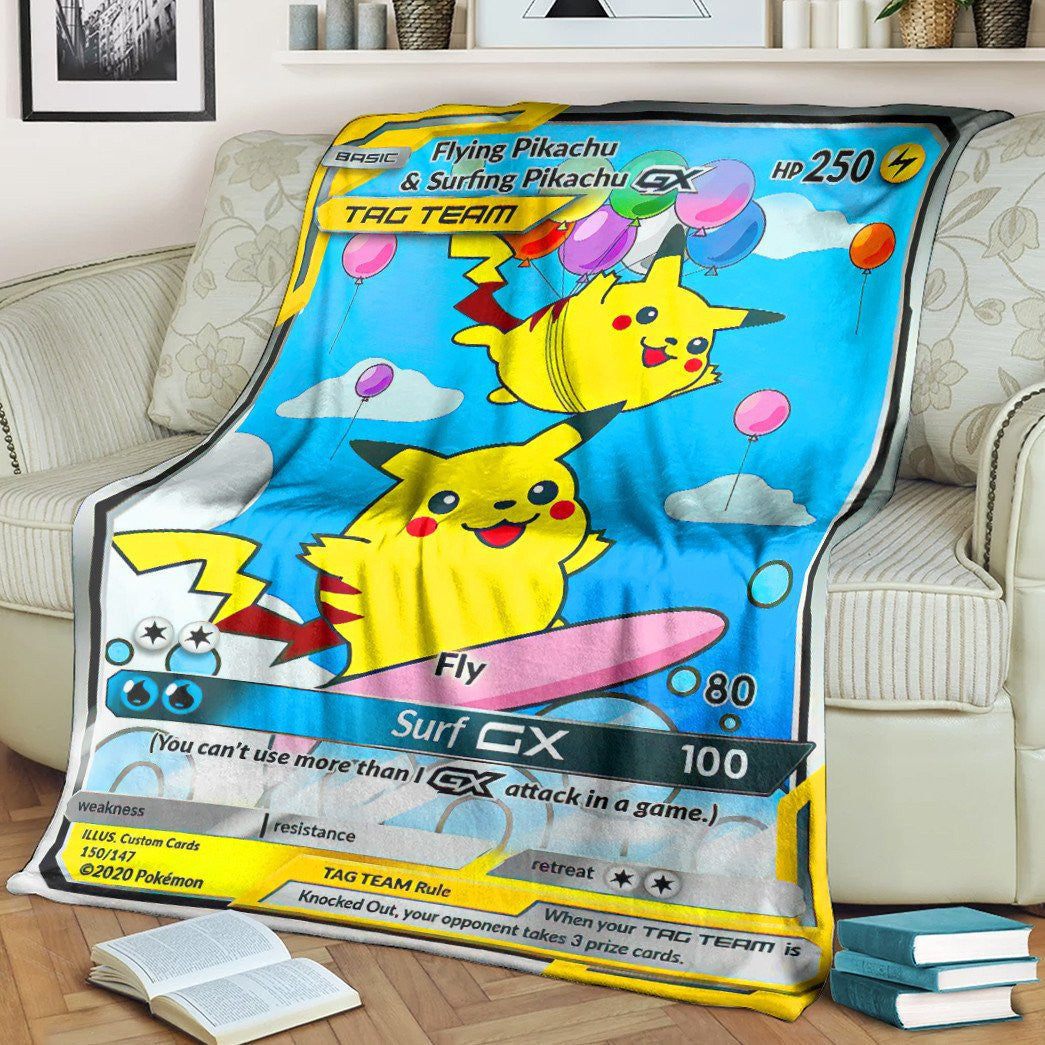 Anime Pkm Flying & Surfing Pikachu Tag Team Gx Custom Soft Blanket / S/(43X55)