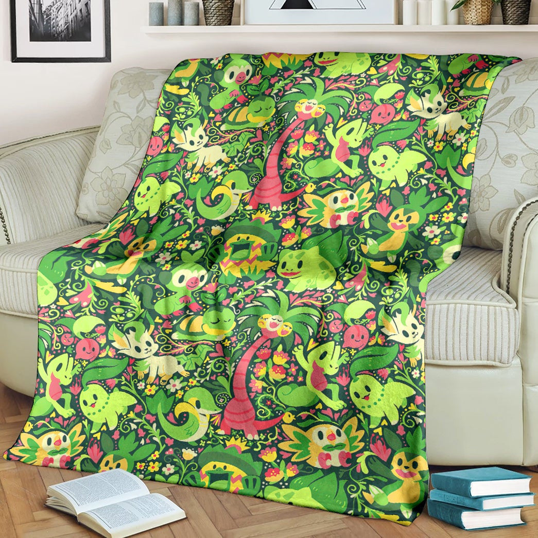 Anime Pkm Grass Poke Seamless Pattern Custom Soft Blanket / S/(43X55)