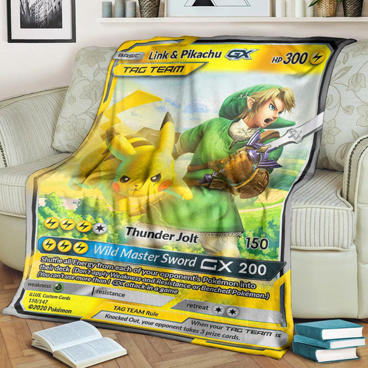 Anime Pkm Link & Pikachu Tag Team Gx Custom Soft Blanket / S/(43X55)