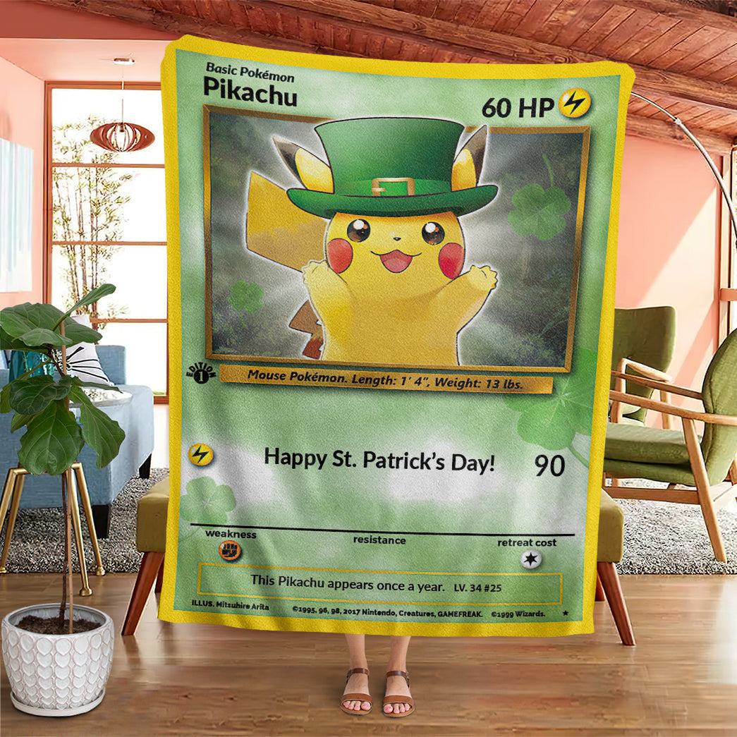 Anime Pkm Saint Patrick Pikachu Custom Soft Blanket