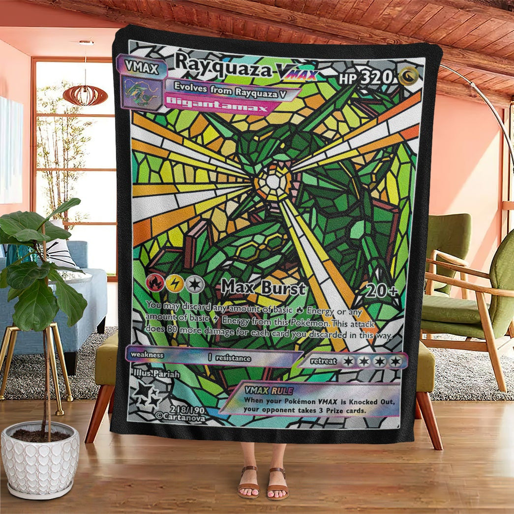 Anime Pkm Card Rayquaza Hybrid Vmax Glass Custom Soft Blanket