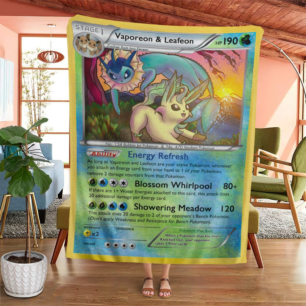 Anime Pkm Vaporeon And Leafeon Duo Card Custom Soft Blanket