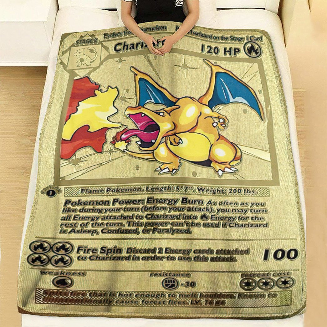 Anime Pkm First Edition Charizard Gold Card Custom Soft Blanket