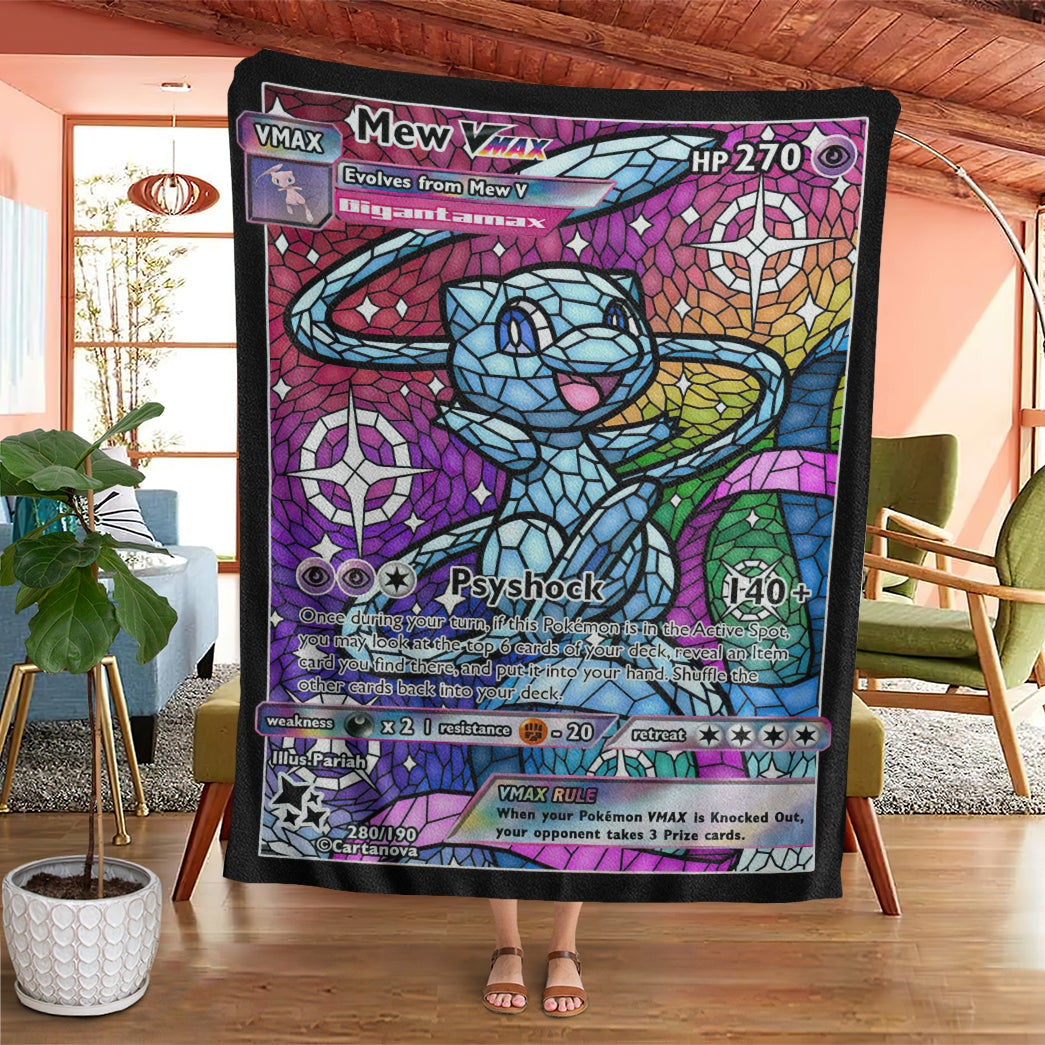 Anime Pkm Card Mew Blue Hybrid Vmax Stain Glass Custom Soft Blanket