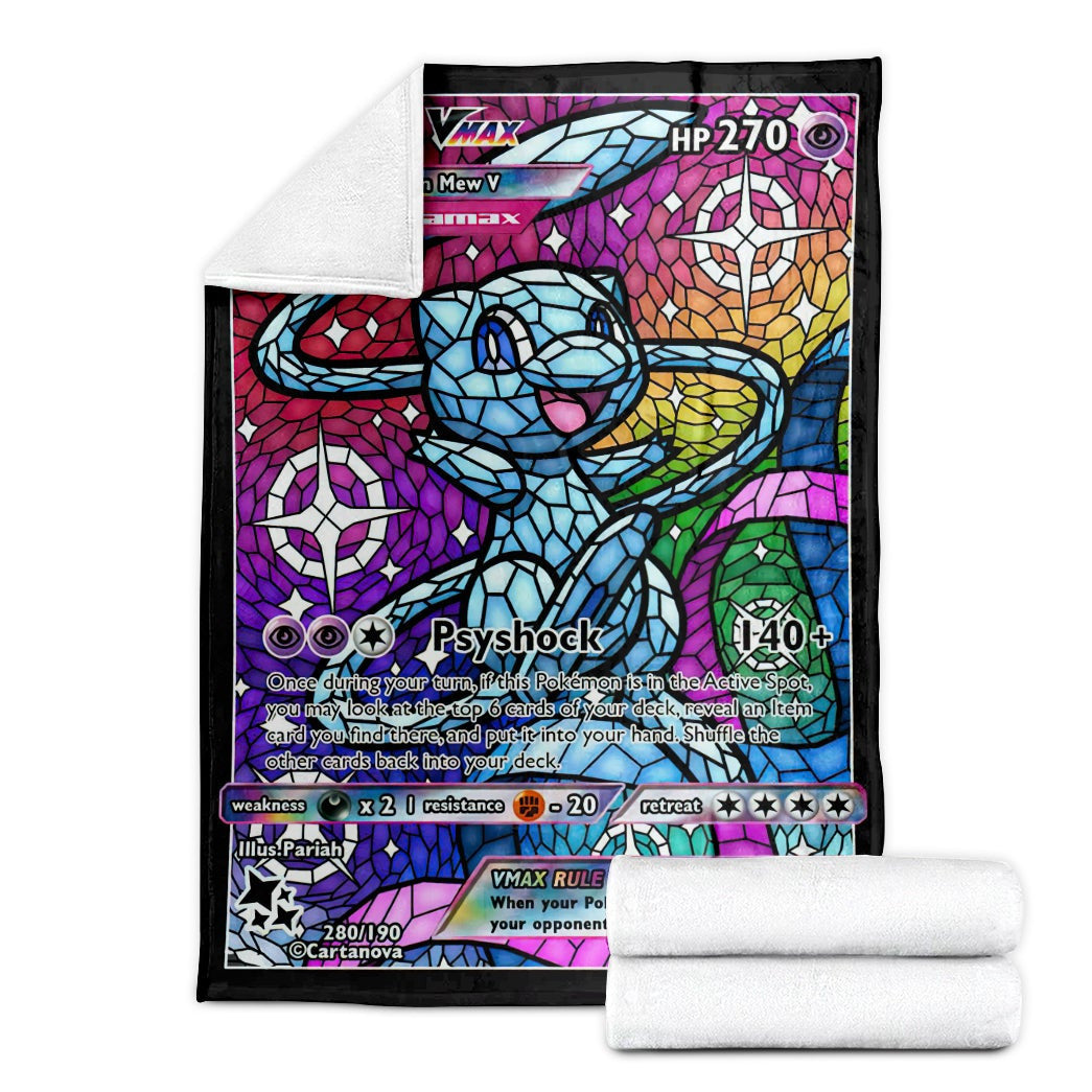 Anime Pkm Card Mew Blue Hybrid Vmax Stain Glass Custom Soft Blanket