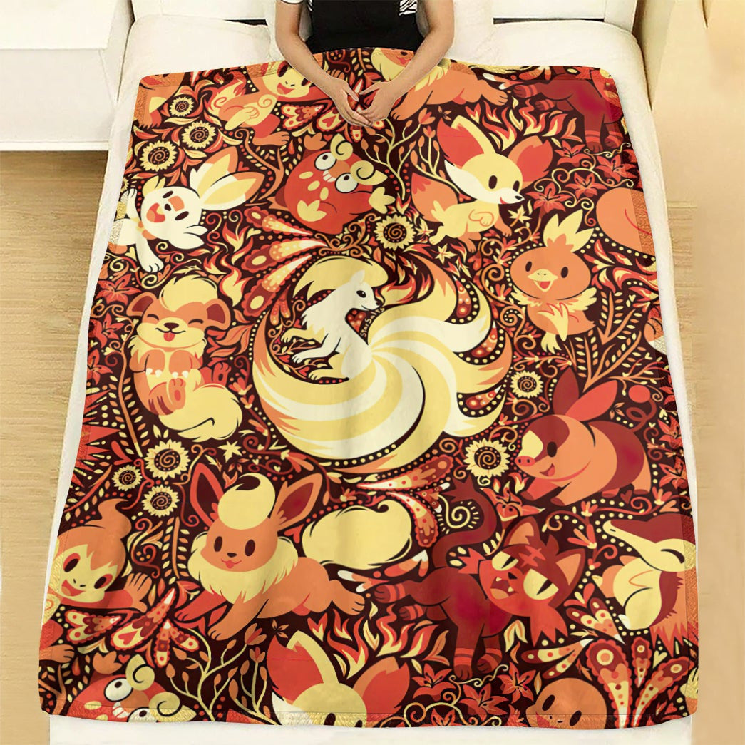 Anime Pkm Fire Poke Seamless Pattern Custom Soft Blanket