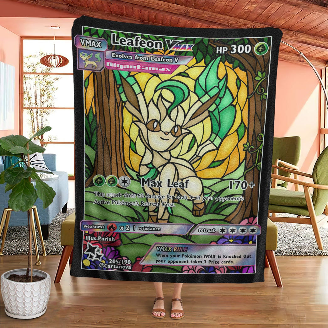 Anime Pkm Card Leafeon Hybrid Vmax Stain Glass Custom Soft Blanket