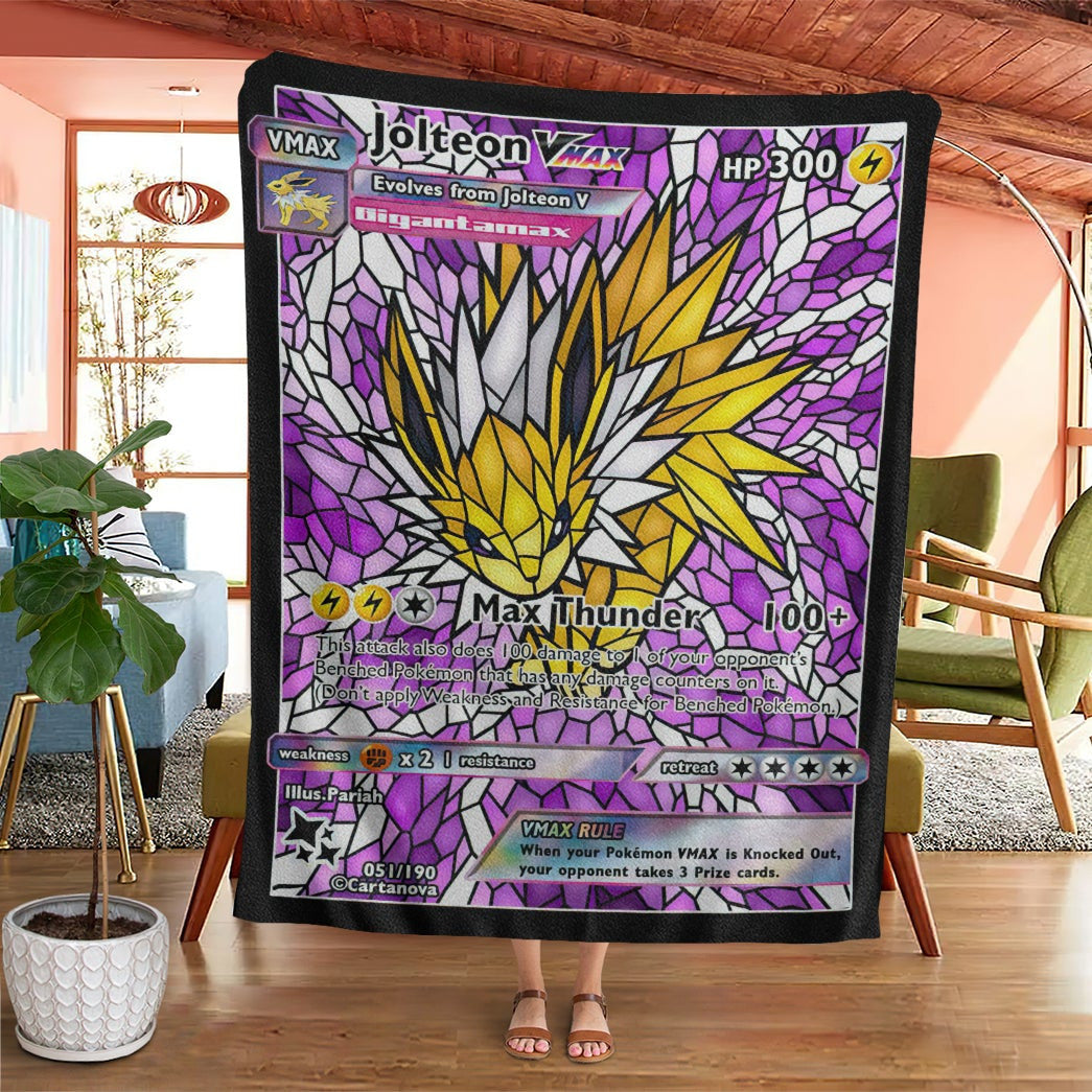 Anime Pkm Card Jolteon Hybrid Vmax Stain Glass Custom Soft Blanket