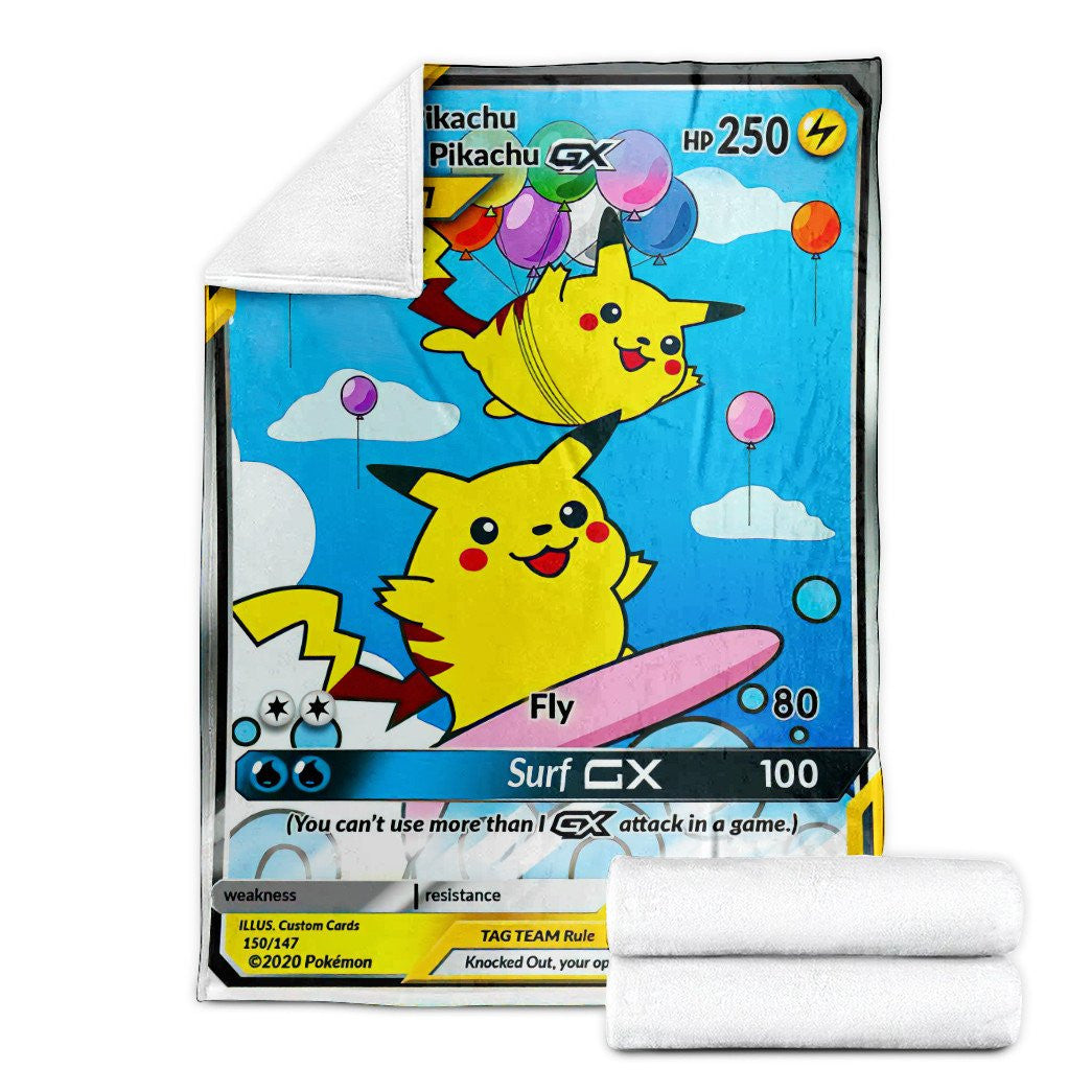 Anime Pkm Flying & Surfing Pikachu Tag Team Gx Custom Soft Blanket