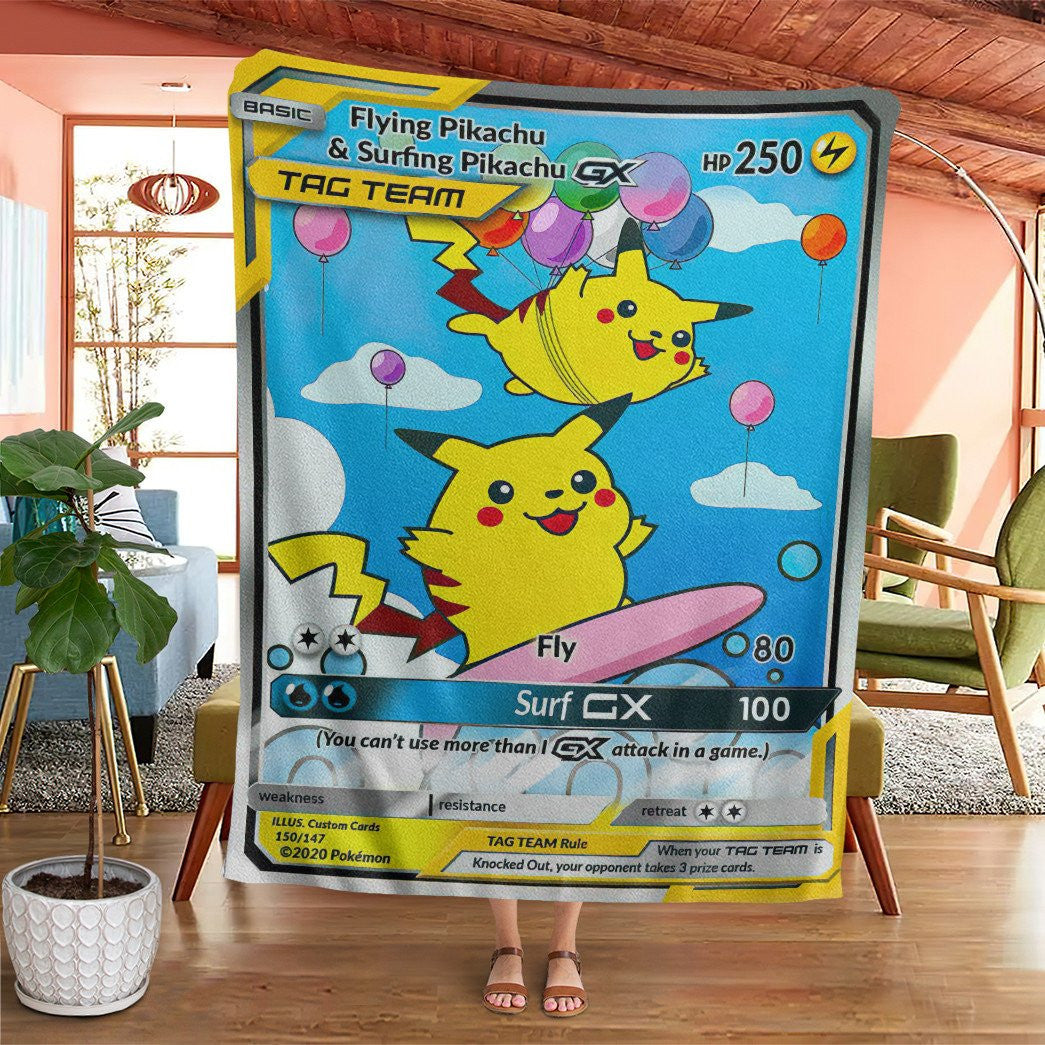 Anime Pkm Flying & Surfing Pikachu Tag Team Gx Custom Soft Blanket