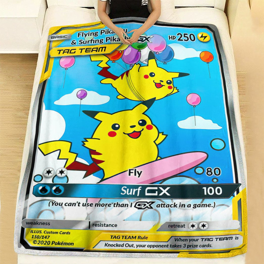 Anime Pkm Flying & Surfing Pikachu Tag Team Gx Custom Soft Blanket