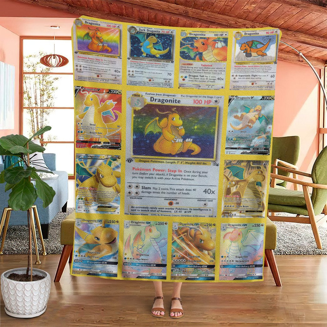 Anime Pkm Dragonite Cards Version 2 Custom Soft Blanket