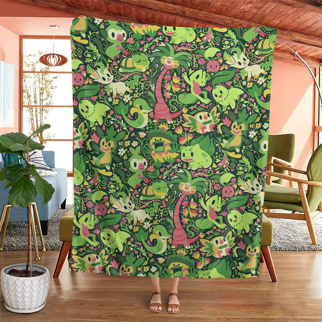 Anime Pkm Grass Poke Seamless Pattern Custom Soft Blanket