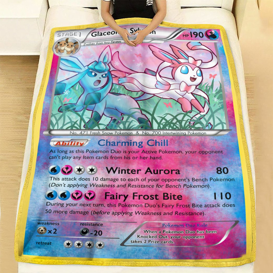 Anime Pkm Glaceon And Sylveon Duo Card Custom Soft Blanket