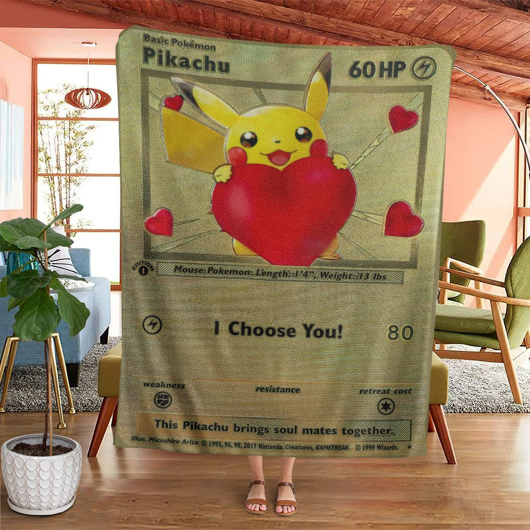 Anime Pkm Pikachu I Choose You Gold Card Custom Soft Blanket