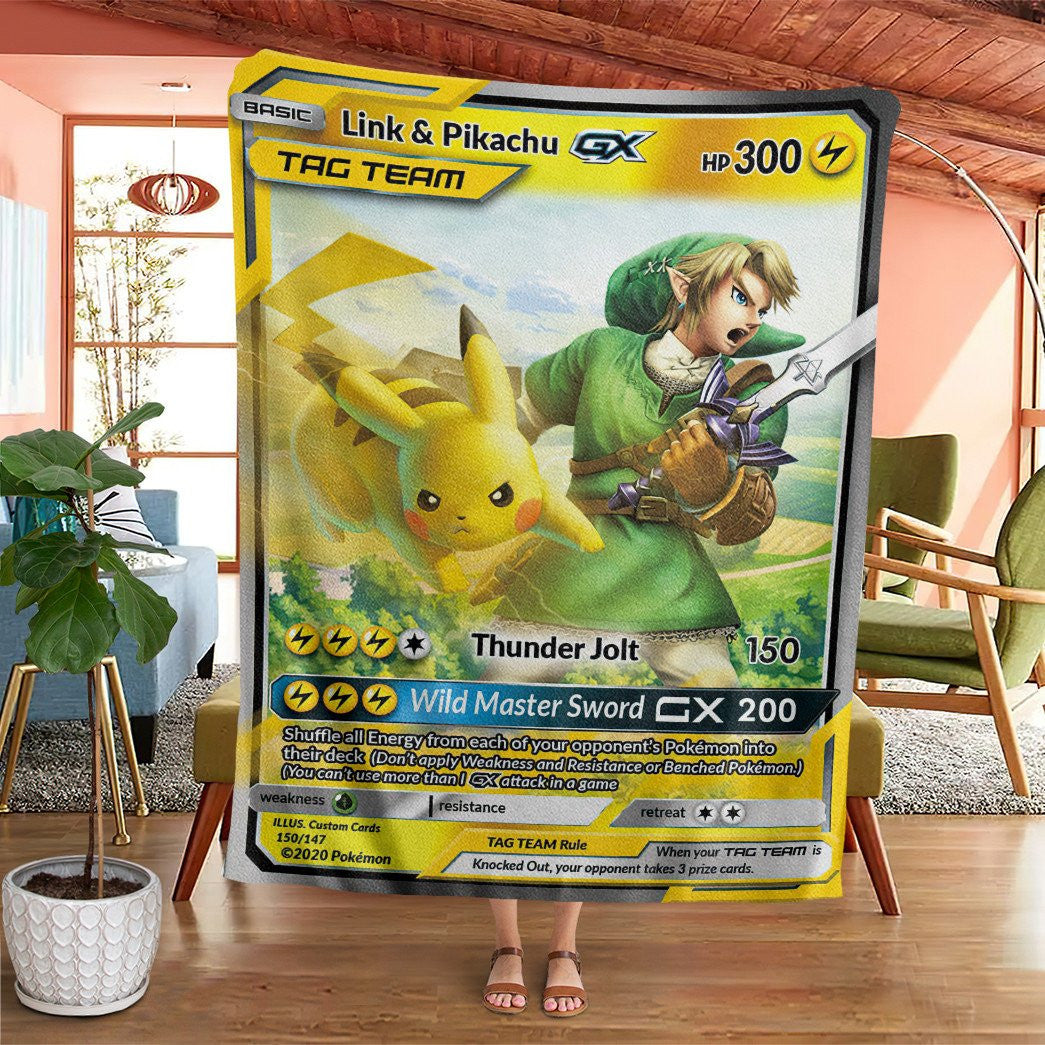 Anime Pkm Link & Pikachu Tag Team Gx Custom Soft Blanket