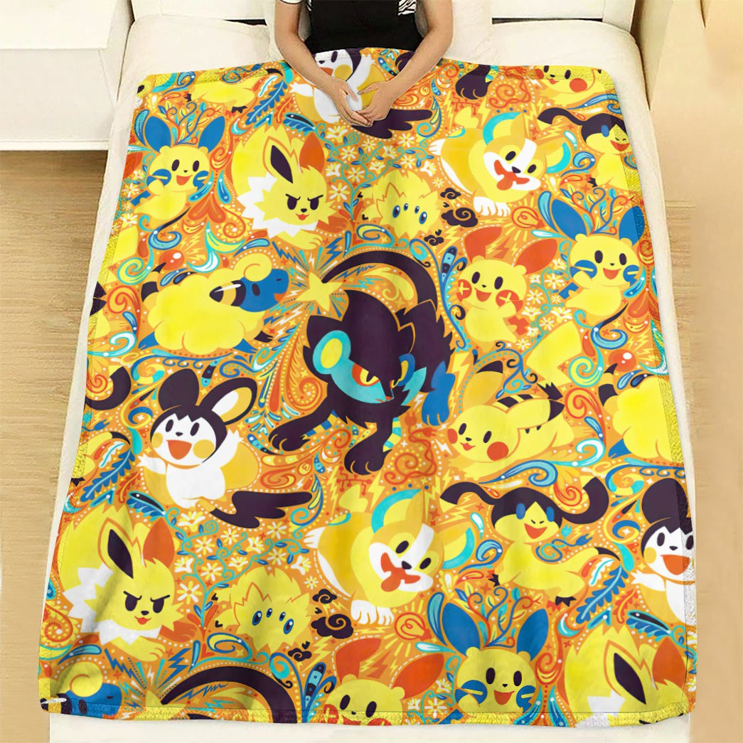 Anime Pkm Electric Poke Seamless Pattern Custom Soft Blanket