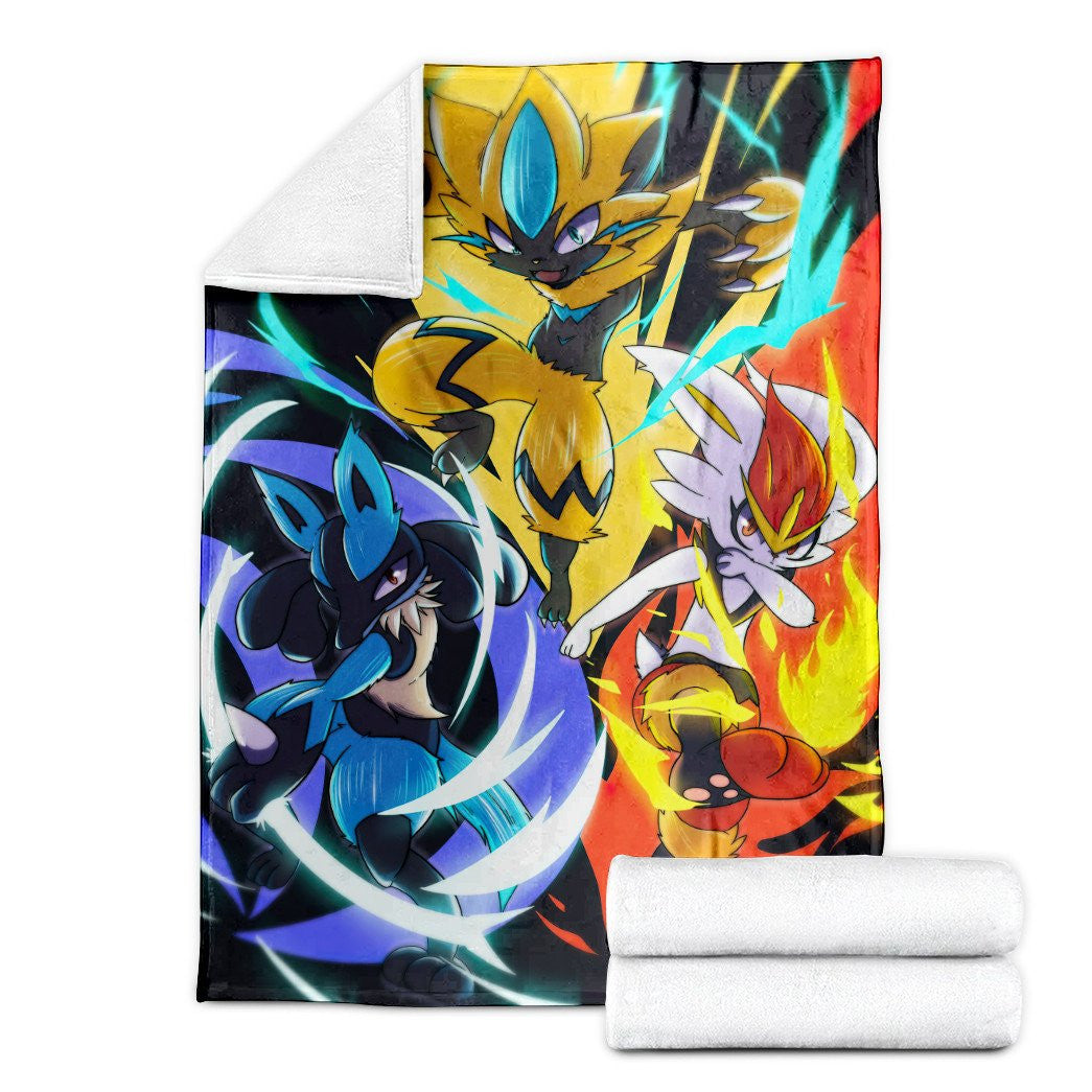 Anime Pkm Lightning Fire Water Custom Soft Blanket