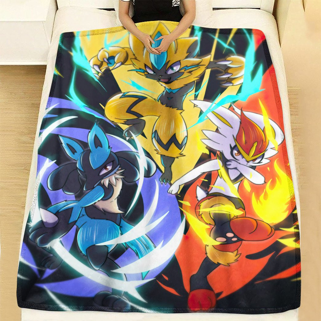 Anime Pkm Lightning Fire Water Custom Soft Blanket