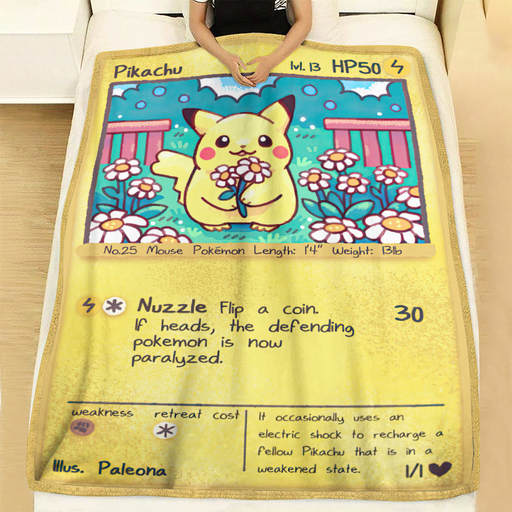 Anime Pkm Pikachu Cute Card Custom Soft Blanket