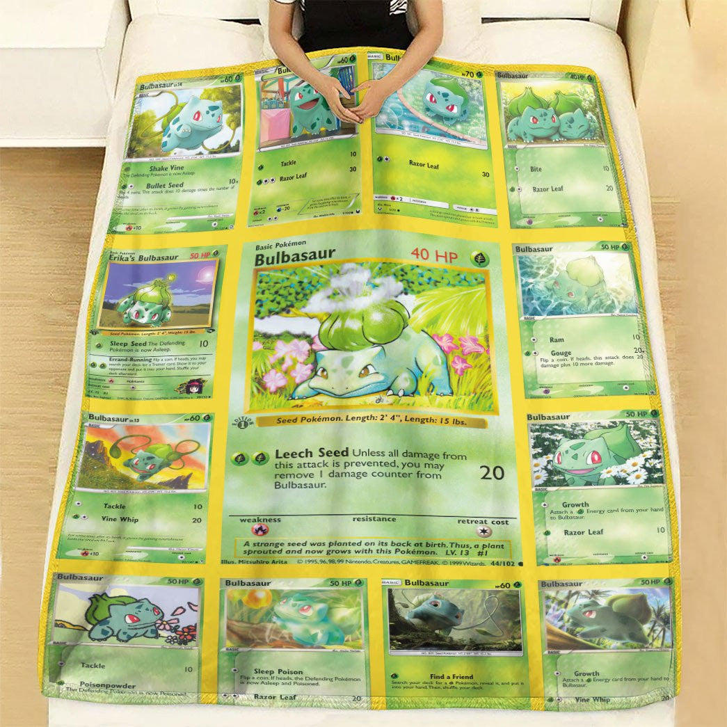 Anime Pkm Bulbasaur Cards Version 2 Custom Soft Blanket