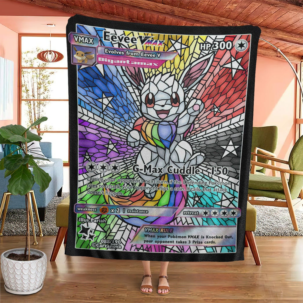 Anime Pkm Card Rainbow Eevee Hybrid Stain Glass Custom Soft Blanket