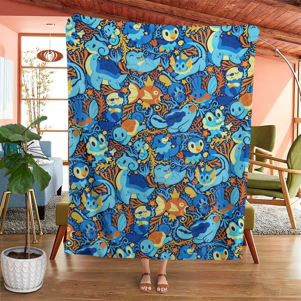 Anime Pkm Water Poke Seamless Pattern Custom Soft Blanket