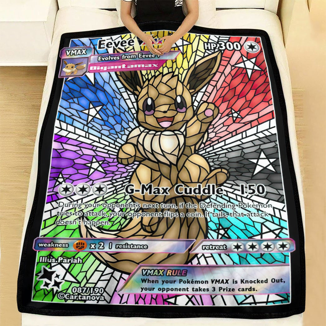 Anime Pkm Card Eevee Hybrid Vmax Proxy Stain Glass Custom Soft Blanket