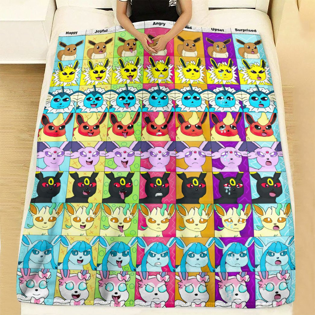 Anime Pkm Eevee And The Evolution Emotion Faces Custom Soft Blanket