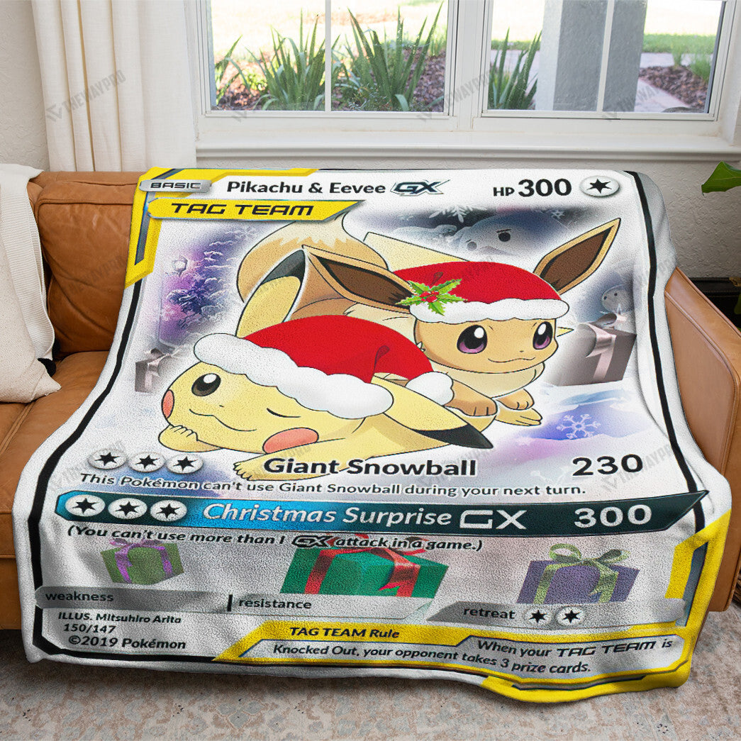 Anime Christmas Eevee & Pikachu Tag Team GX Custom Soft Blanket