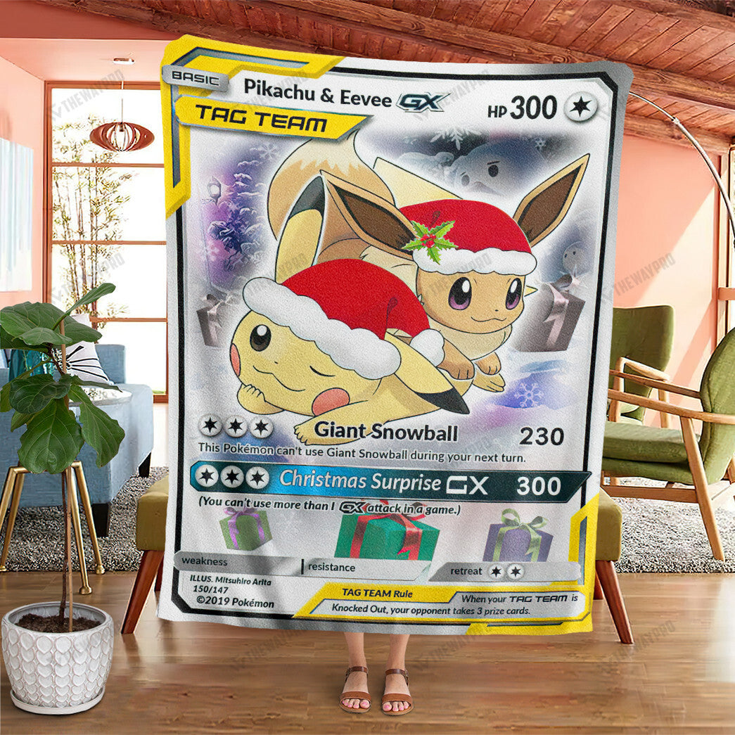 Anime Christmas Eevee & Pikachu Tag Team GX Custom Soft Blanket