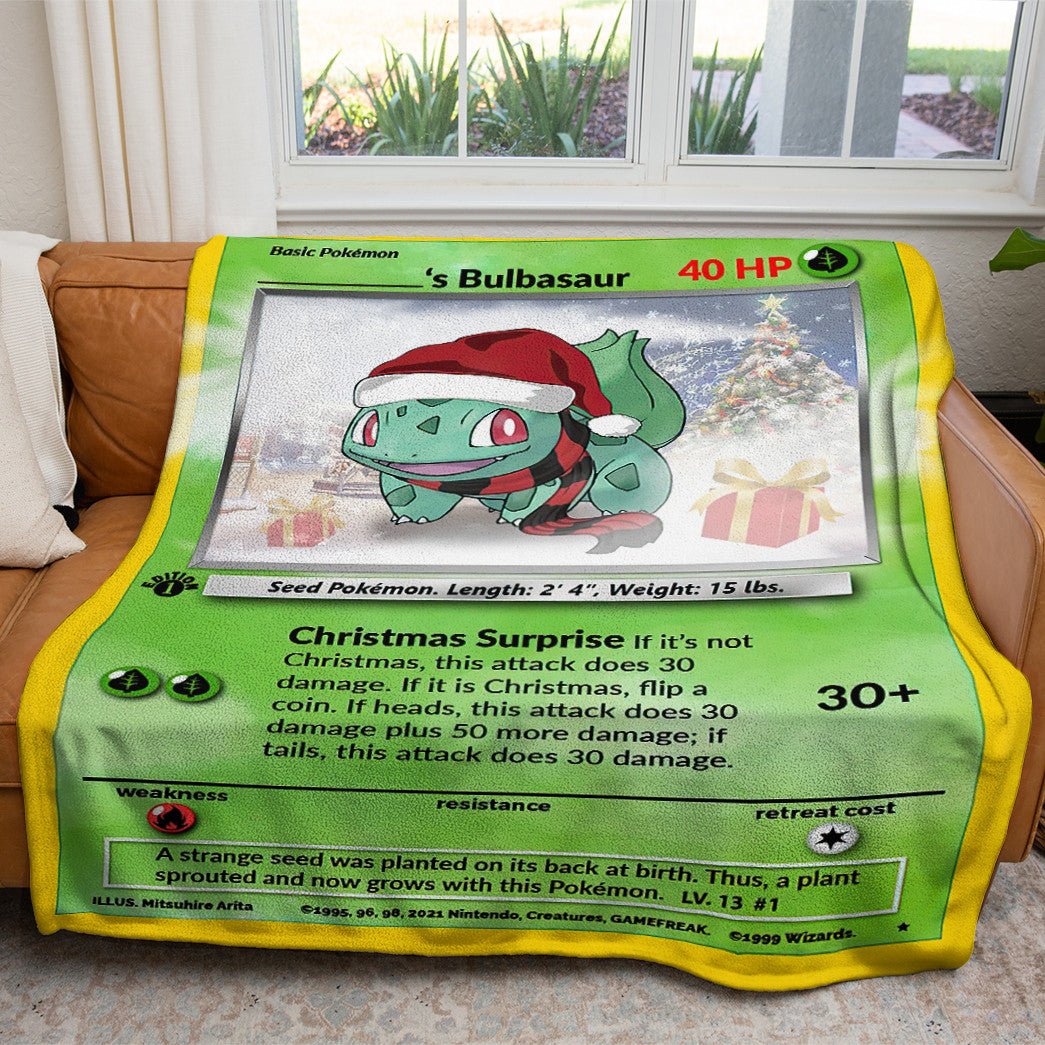 Christmas Bulbasaur Custom Name Gift 2-Side Printed Thicken Soft Blanket