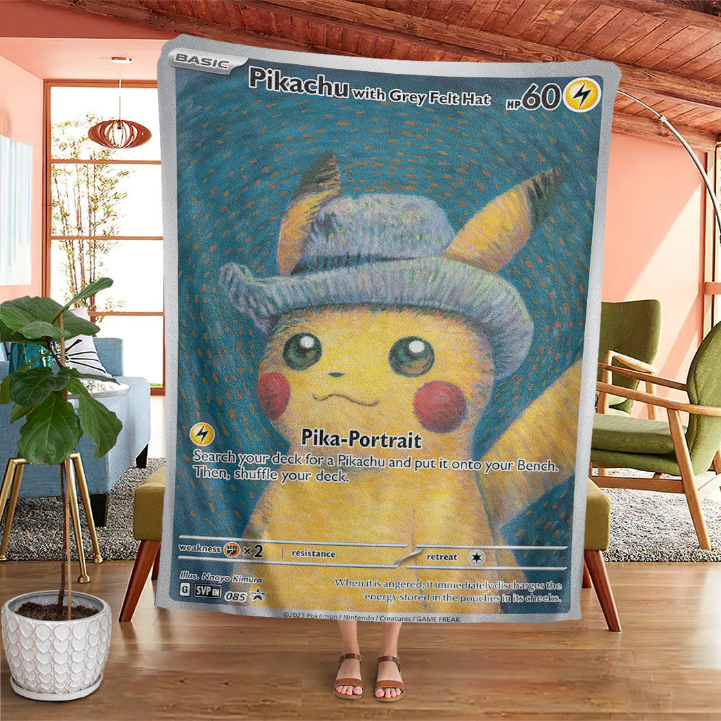 Pikachu with Grey Felt Hat Custom Soft Blanket