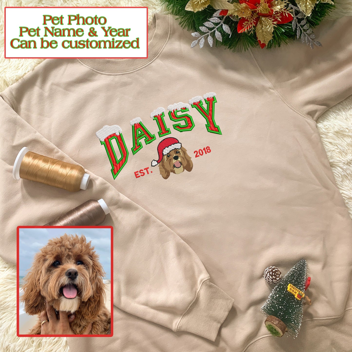 Personalized Embroidered Christmas Pet Dog Cat Photo Name Year Hoodie Sweatshirt T-Shirt